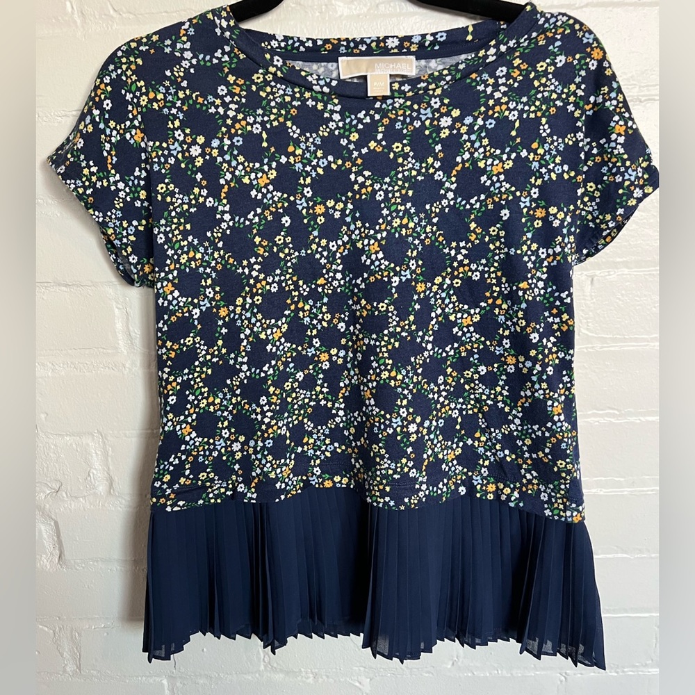 Michael Kors Floral Shirt - Cotton Blend with Pleated Crepe Hem - Petite Medium
